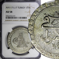TURKEY Mustafa III Silver AH1171//7 (1764) Piastre NGC AU58 TOP GRADED KM# 321.1