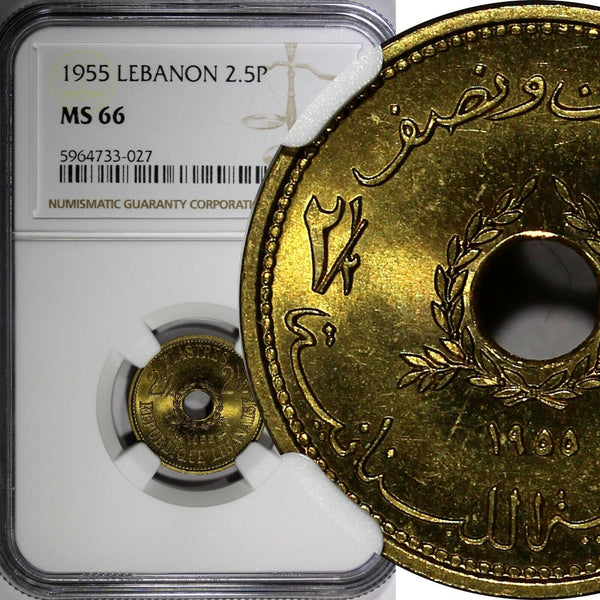 Lebanon Aluminium-Bronze 1955 2 1/2 Piastres NGC MS66 Monnaie de Paris KM#20(7)