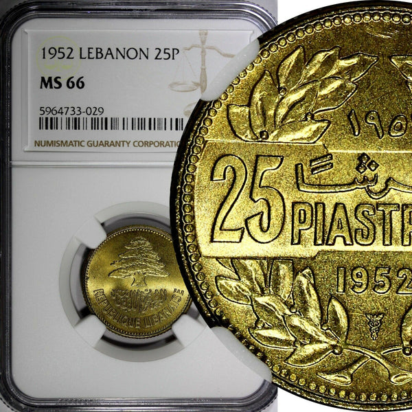 Lebanon Aluminum-Bronze 1952 25 Piastres NGC MS66 NICE BU COIN KM# 16.1 (029)