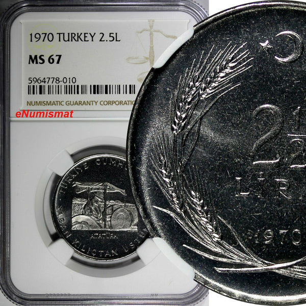 Turkey 1970 2 1/2 Lira NGC MS67 Mintage-200,000 TOP GRADED KM# 896 (010)