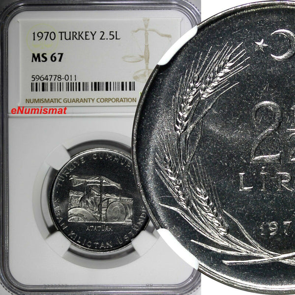 Turkey 1970 2 1/2 Lira NGC MS67 Mintage-200,000 TOP GRADED KM# 896 (011)