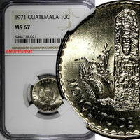 Guatemala Copper-nickel 1971 10 Centavos NGC MS67 TOP GRADED KM# 271.1 (021)