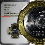 Dominican Republic Sánchez 2002 5 Pesos Magnetic NGC MS67 TOP GRADED KM# 89 (7)