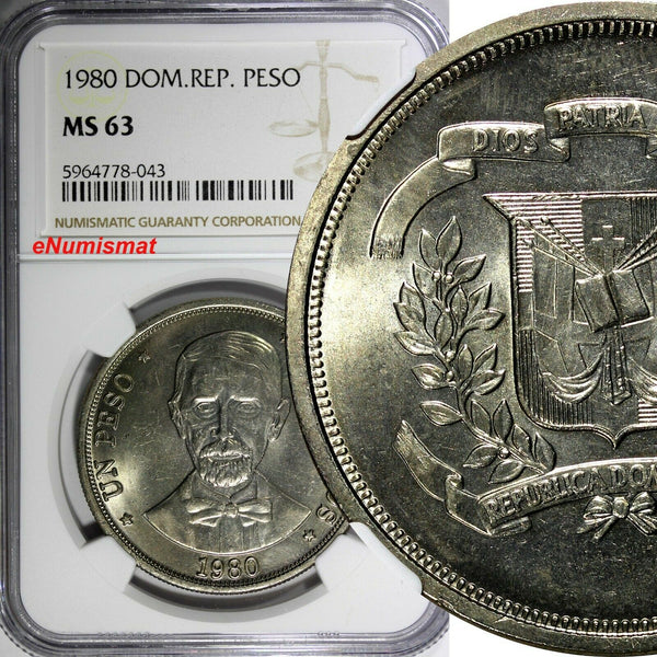 DOMINICAN REPUBLIC 1980 MO 1 Peso NGC MS63 Toning 38mm Mintage-20,000 KM# 53 (3)