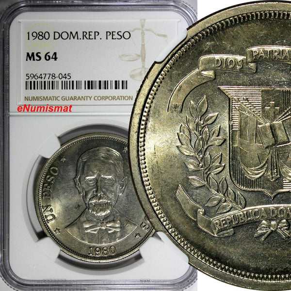 DOMINICAN REPUBLIC 1980 MO 1 Peso NGC MS64 Toning 38mm Mintage-20,000 KM# 53 (5)