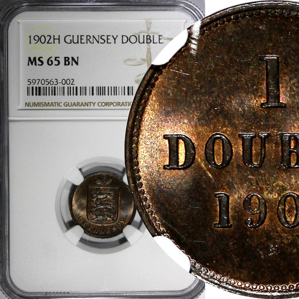 Guernsey Bronze 1902 H 1 Double Heaton's Mint NGC MS65 BN TOP GRADED KM# 10 (2)