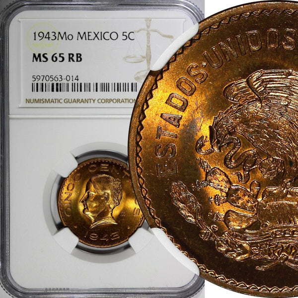 MEXICO Bronze 1943 Mo 5 Centavos NGC MS65 RB  RED ! TOP GRADED KM# 424 (14)