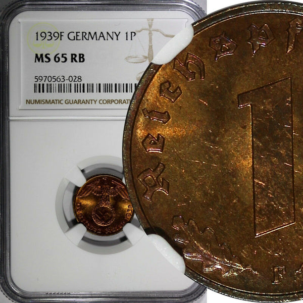 Germany-Third Reich Bronze 1939 F 1 Reichspfennig NGC MS65 RB TOP GRADED KM89(8)