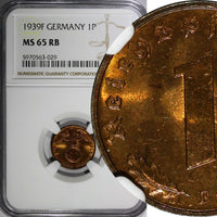 Germany-Third Reich Bronze 1939 F 1 Reichspfennig NGC MS65 RB TOP GRADED KM89(9)