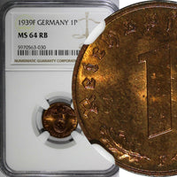 Germany-Third Reich Bronze 1939 F 1 Reichspfennig NGC MS64 RB RED KM# 89  (030)