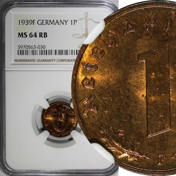 Germany-Third Reich Bronze 1939 F 1 Reichspfennig NGC MS64 RB RED KM# 89  (030)