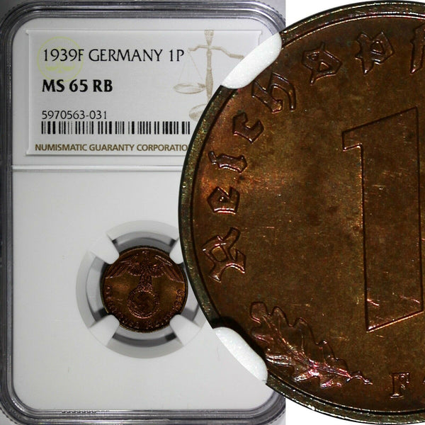 Germany-Third Reich Bronze 1939 F 1 Reichspfennig NGC MS65 RB TOP GRADED KM89(1)