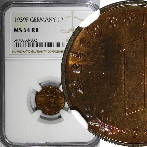 Germany-Third Reich Bronze 1939 F 1 Reichspfennig NGC MS64 RB RED KM# 89  (032)
