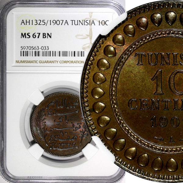 Tunisia Bronze AH1325//1907 A 10 Centimes NGC MS67 BN TOP GRADED KM# 236 (033)