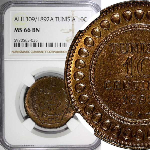 Tunisia Ali III Bronze  AH1309//1892 A 10 Centimes NGC MS66 BN TOP GRADE KM#222