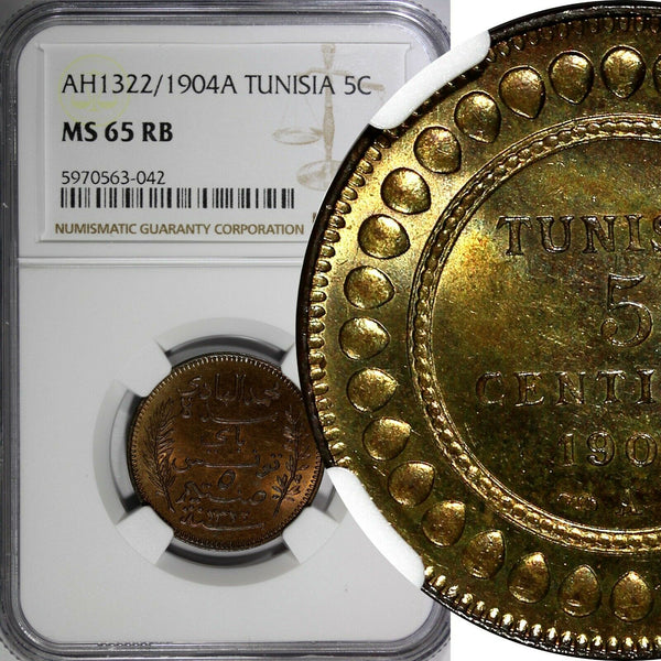 Tunisia Muhammad IV Bronze AH1322//1904 A 5 Centimes NGC MS65 RB KM# 228 (042)