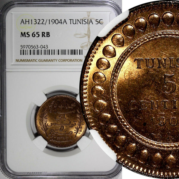 Tunisia Muhammad IV Bronze AH1322//1904 A 5 Centimes NGC MS65 RB KM# 228 (043)