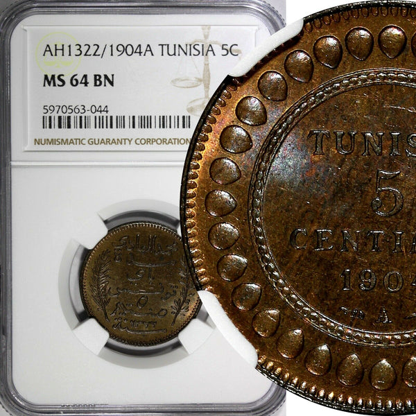 Tunisia Muhammad IV Bronze AH1322//1904 A 5 Centimes NGC MS64 BN KM# 228 (044)