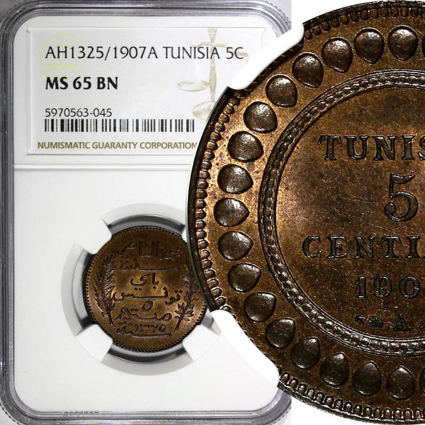 Tunisia Bronze AH1325//1907 A 5 Centimes NGC MS65 BN TOP GRADED KM# 235 (045)