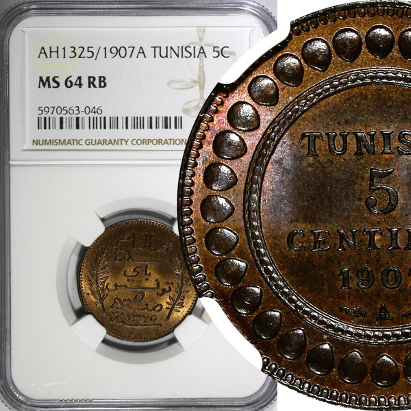 Tunisia Muhammad V Bronze AH1325//1907 A 5 Centimes NGC MS64 RB KM# 235 (046)