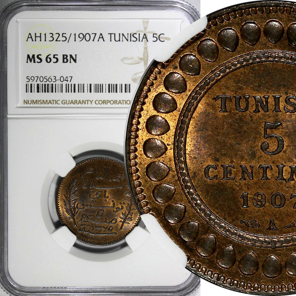Tunisia Bronze AH1325//1907 A 5 Centimes NGC MS65 BN TOP GRADED KM# 235 (047)