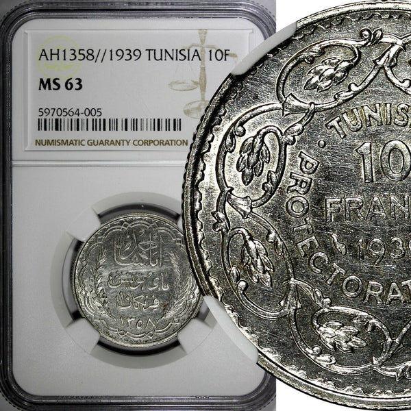 Tunisia Silver AH1358 // 1939 10 Francs NGC MS63 Mint Luster KM# 265 (005)