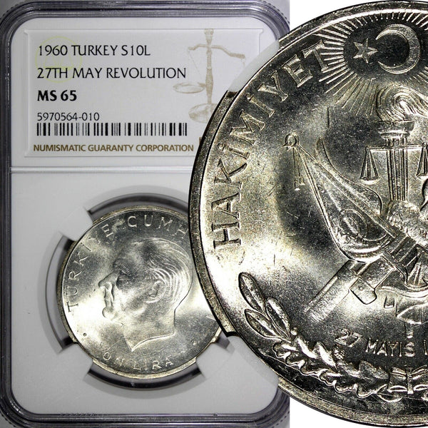 Turkey Silver 1960 10 Lira 27th May Revolution NGC MS65 KM# 894 (010)