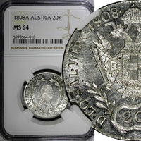 Austria Francis I (1804-1835) Silver 1808 A 20 Kreuzer NGC MS64 KM# 2141  (018)