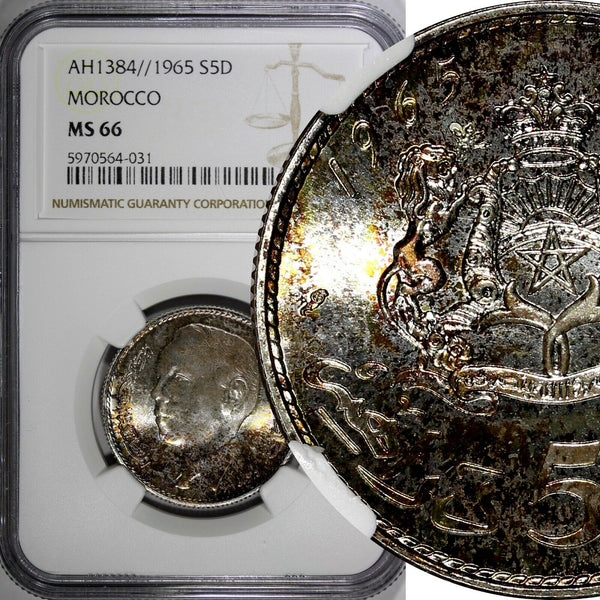 Morocco Hassan II Silver AH1384//1965 5 Dirhams NGC MS66 TOP GRADED Y# 57 (031)
