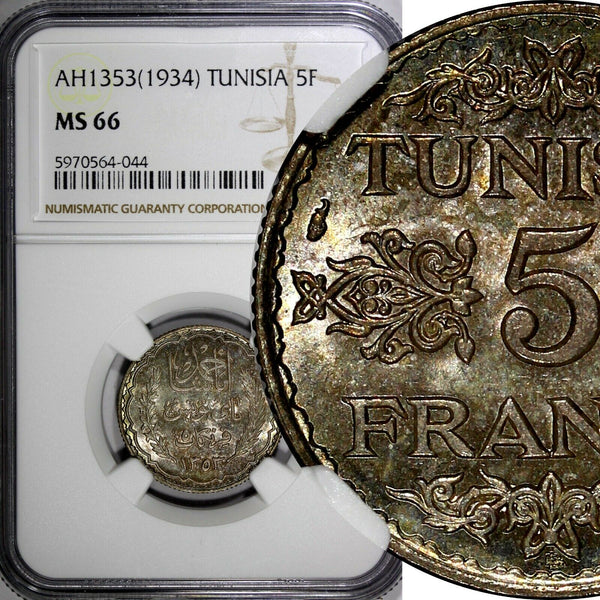 Tunisia Silver 1353 (1934) 5 Francs NGC MS66 TOP GRADED BY NGC KM# 261 (44)