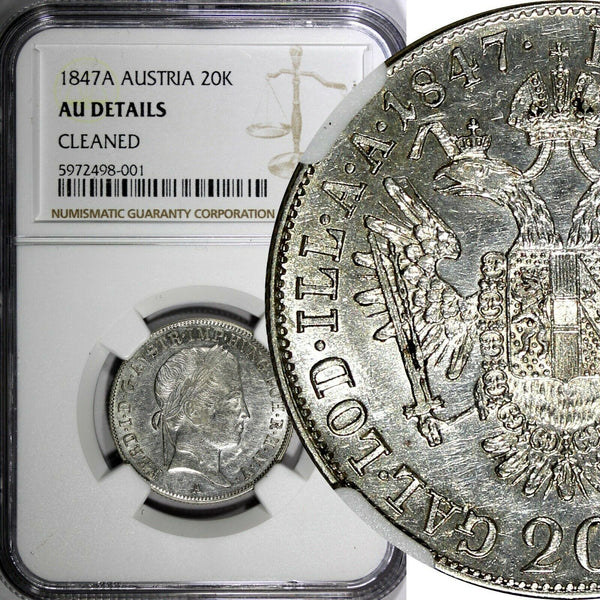 Austria Ferdinand I Silver 1847 A 20 Kreuzer Vienna NGC  AU DETAILS KM# 2208 (1)