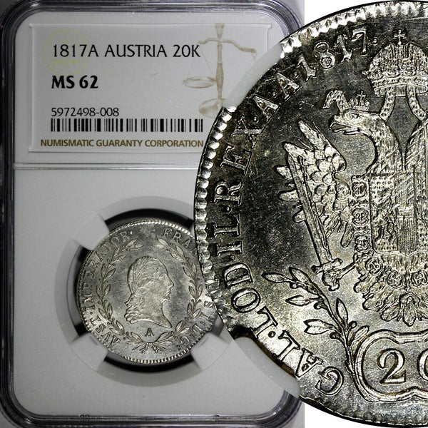 Austria Francis I Silver 1817 A 20 Kreuzer NGC MS62 TOP GRADED KM# 2143  (008)
