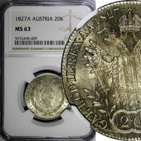 Austria Franz I Silver 1827 A 20 Kreuzer  NGC MS63 1 GRADED HIGHEST KM# 2144 (9)