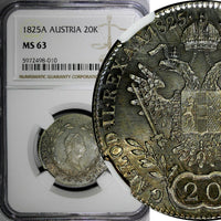 Austria Franz I Silver 1825 A 20 Kreuzer  NGC MS63 1 GRADED HIGHEST KM# 2144 (0)