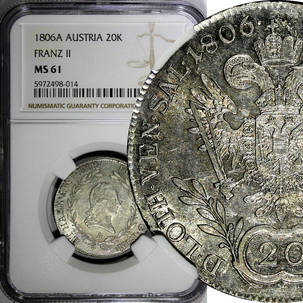 Austria Franz II Silver 1806 A 20 Kreuzer Vienna NGC MS61 Nice Toned KM#2140 (4)