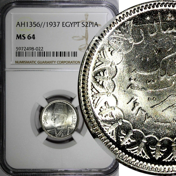 EGYPT Farouk (1936-1952) Silver AH1361//1942 2 Piastres NGC MS64 KM# 365 (022)