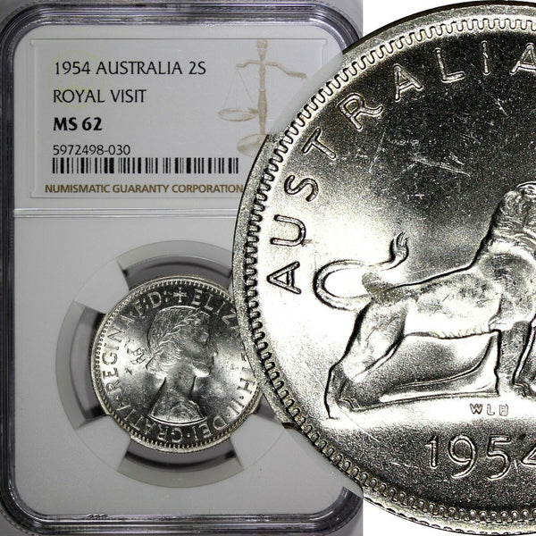 Australia Silver 1954 Florin NGC MS62 Royal Visit of Elizabeth II KM# 55 (030)