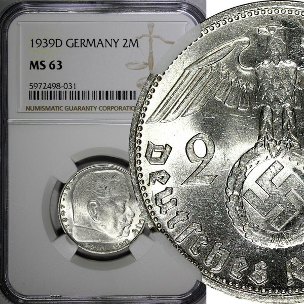 GERMANY-Third Reich Silver 1939 D 2 ReichsMark NGC MS63 Hindenburg KM# 93 (031)