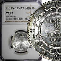 Tunisia Muhammad V Silver AH1334 (1916) A 2 Francs NGC MS62 GEM BU KM# 239 (36)