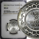 Tunisia Muhammad V Silver AH1334 (1916) A 2 Francs NGC MS62 GEM BU KM# 239 (36)