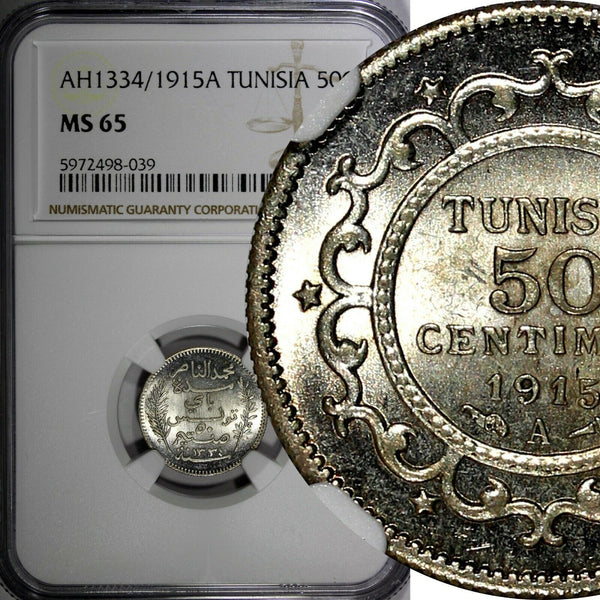 Tunisia Muhammad V Silver AH1334 (1915) A 50 Centimes NGCMS65 GEM KM# 237 (039)