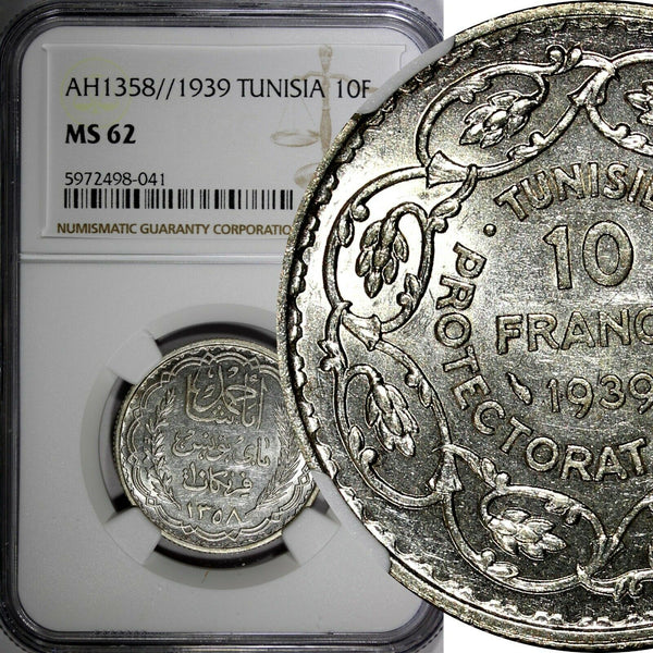 Tunisia  Silver AH1358 // 1939 10 Francs NGC MS62 KM# 265 (041)