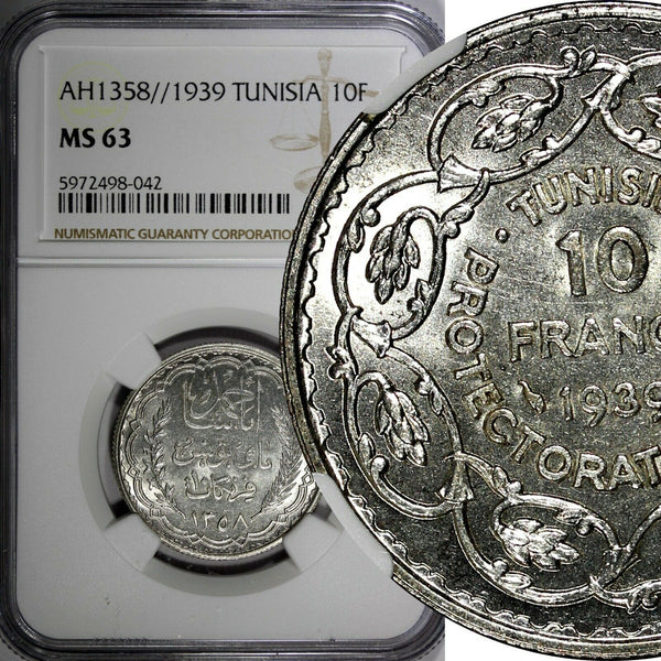 Tunisia  Silver AH1358 // 1939 10 Francs NGC MS63 KM# 265 (042)