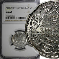 Tunisia  Silver AH1358 // 1939 5 Francs NGC MS63 Mint Luster KM# 264 (046)