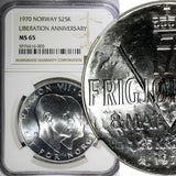 Norway Olav V Silver 1970 25 Kroner NGC MS65 Anniversary of Liberation KM#414(5)