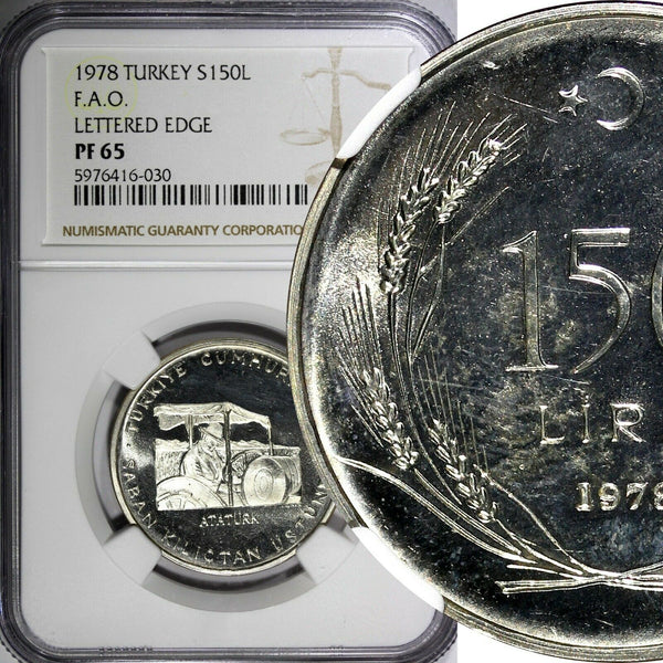 Turkey Silver Proof 1978 150 Lira FAO Lettered Edge NGC PF65 SCARCE KM# 918.2(0)