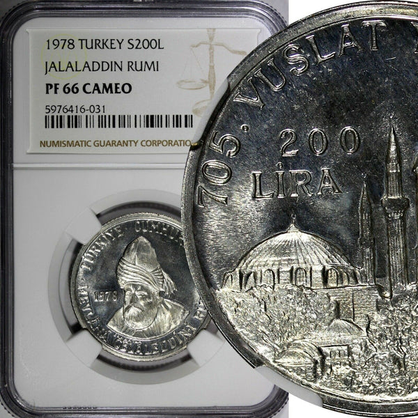 Turkey Silver Proof 1978 200 Lira Jalaladdin Rumi NGC PF66 CAMEO TOP GRADE KM919