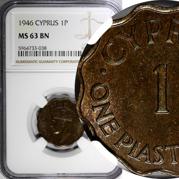 Cyprus George VI Bronze 1946 1 Piastre NGC MS63 BN SCARCE DATE KM# 23a (038)