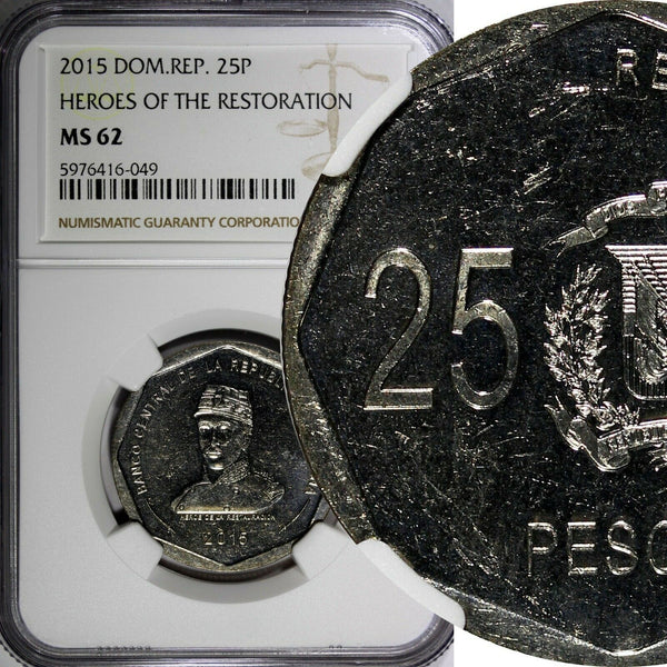 DOMINICAN REPUBLIC 2015 25 Pesos NGC MS62 Gregorio Luperón GEM BU KM# 107 (049)