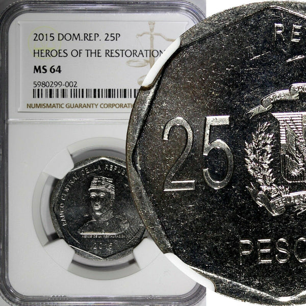DOMINICAN REPUBLIC 2015 25 Pesos NGC MS64 Gregorio Luperón GEM BU KM# 107 (002)